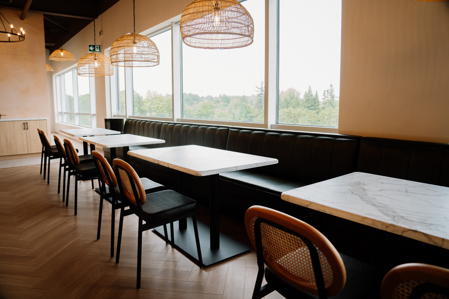 Banquette seating by the windows